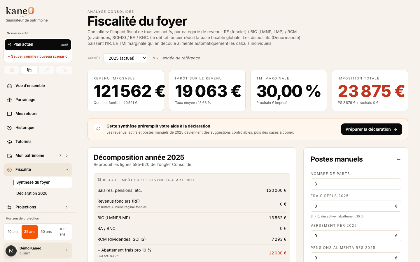 Synthèse fiscale Kaneo avec revenu imposable, impôt et taux marginal.