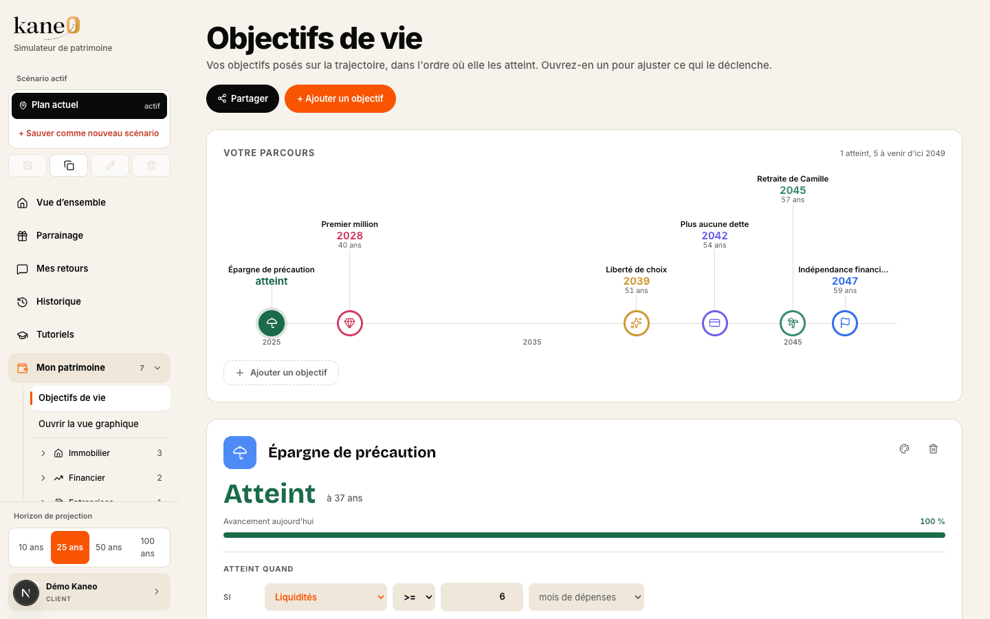 Objectifs Kaneo suivis sur la trajectoire patrimoniale avec leur année d'atteinte.